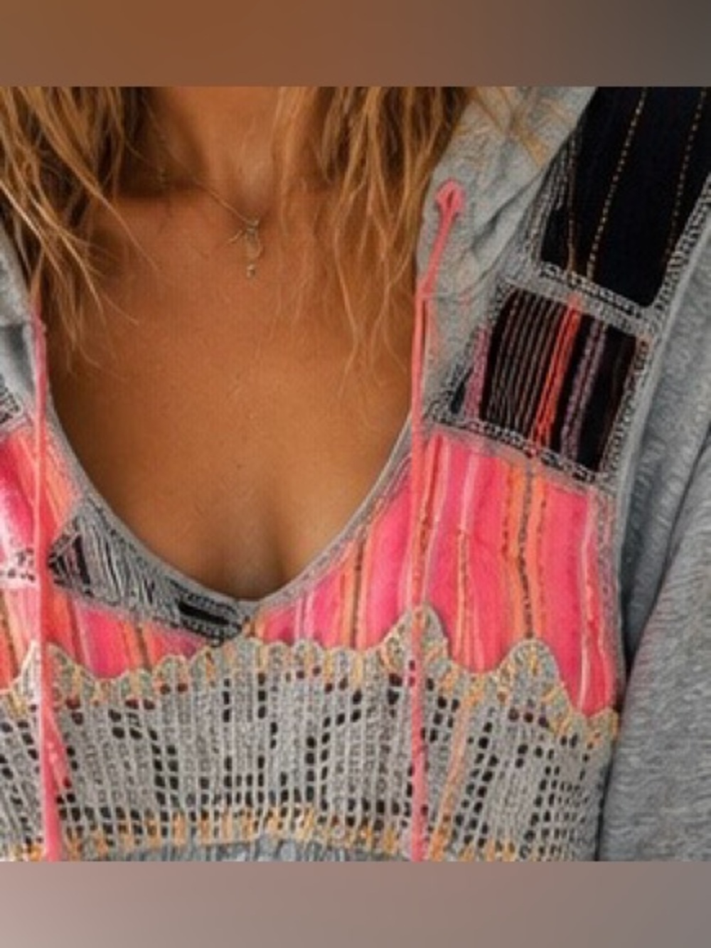 Free People Vintage Patchwork Hoodie Sweatshirt Gray Pink Trim Boho Small EUC - Picture 4 of 15